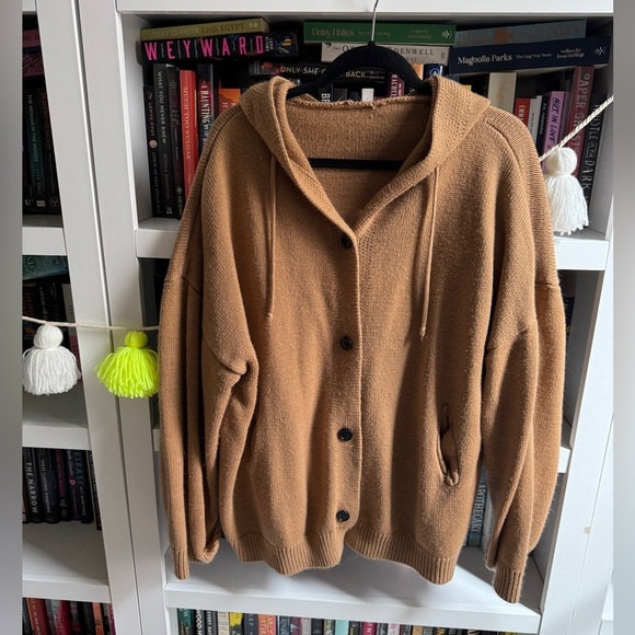Sweaters - Boutique tan cozy oversized button front hooded sweater cardigan jacket grandpa